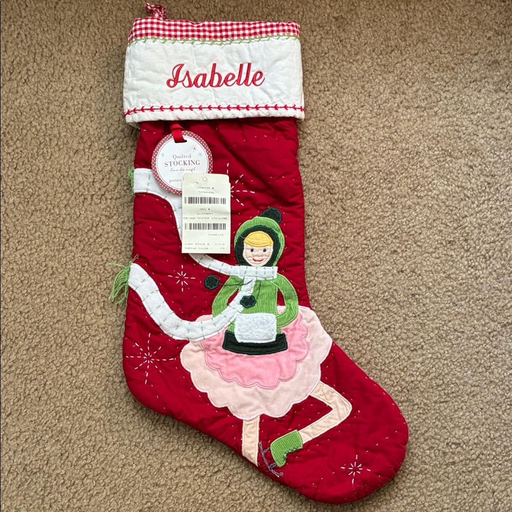 Pottery Barn Kids Red and White Quilted Christmas Ice Skater Stocking